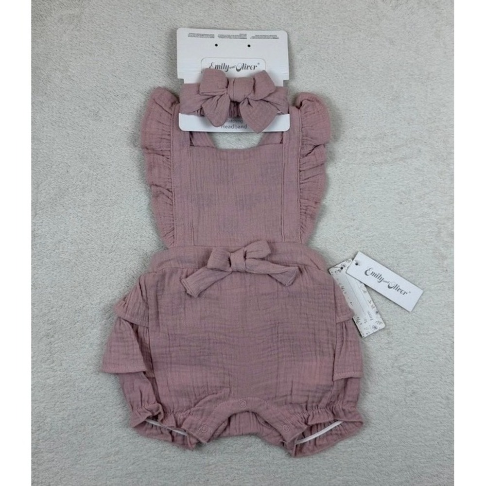 Emily and Oliver Baby‎ Girls Mauve Gauze Ruffle Romper and Headband Set 12M NWT